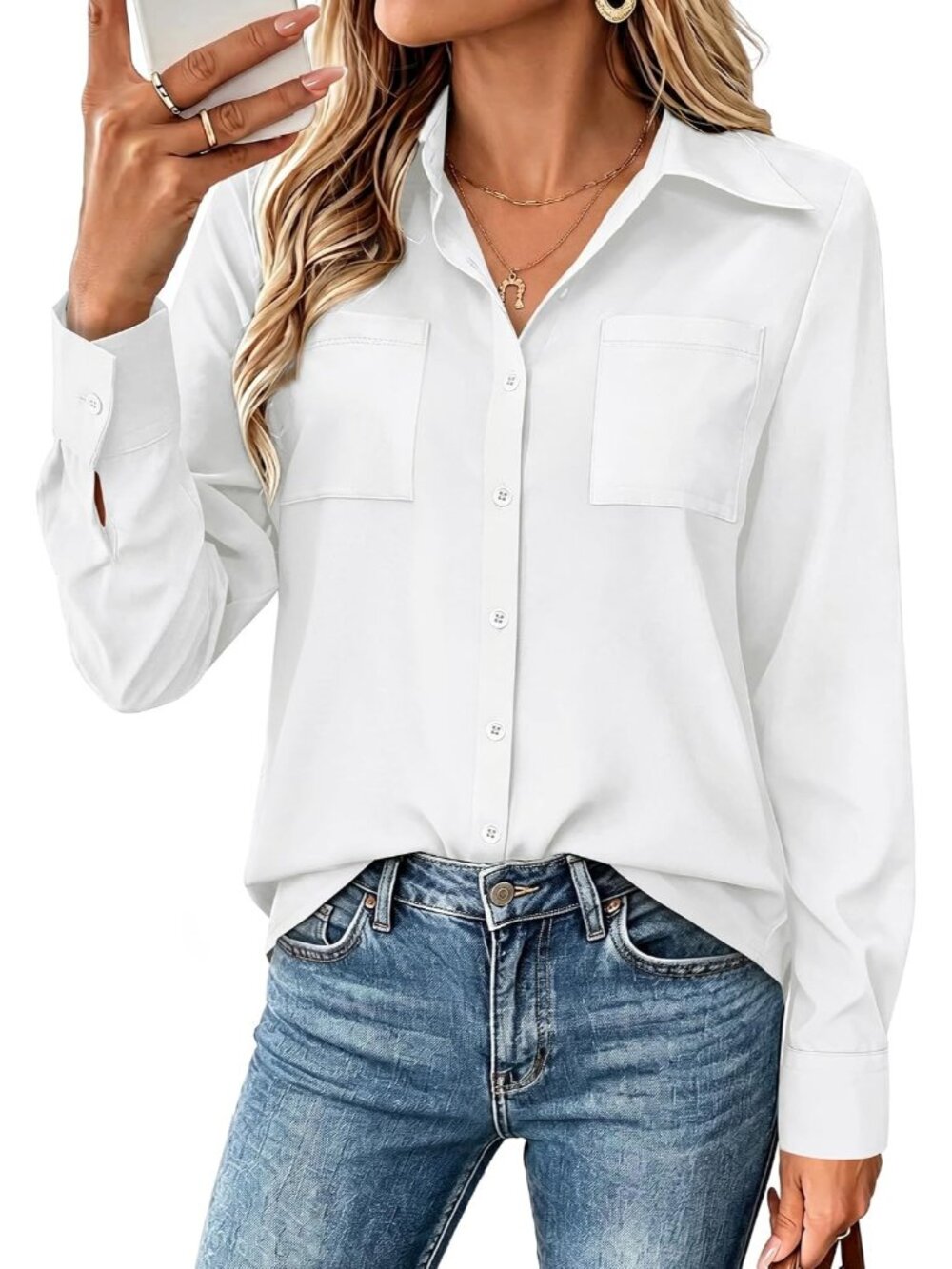 Women's Classic White Long Sleeve Shirts Button Down Top Pocket Casual Blouses